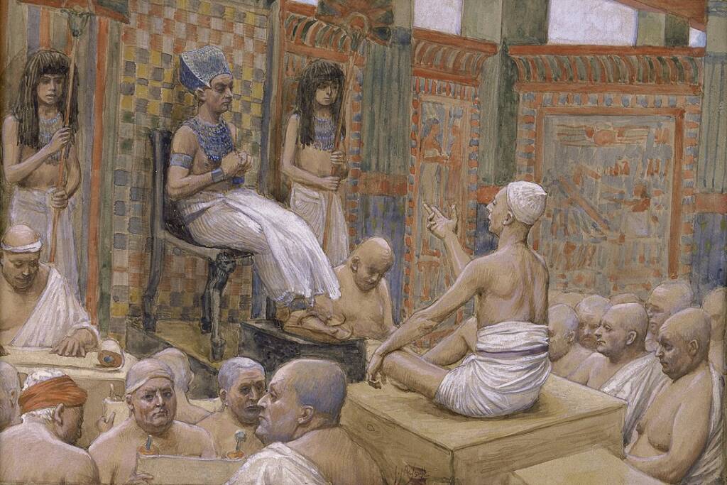 A watercolor painting depicting Joseph interpreting Pharaoh's dream