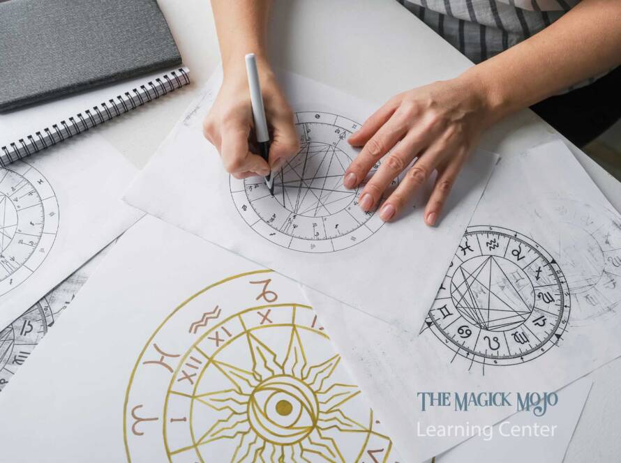 A woman creating a detailed natal chart with astrological symbols and zodiac signs
