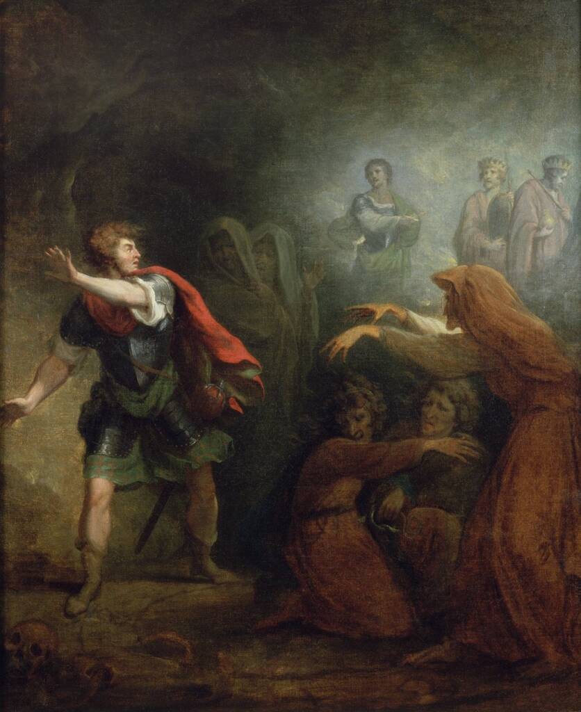 Macbeth and the witches in Act IV, Scene 1 of Macbeth