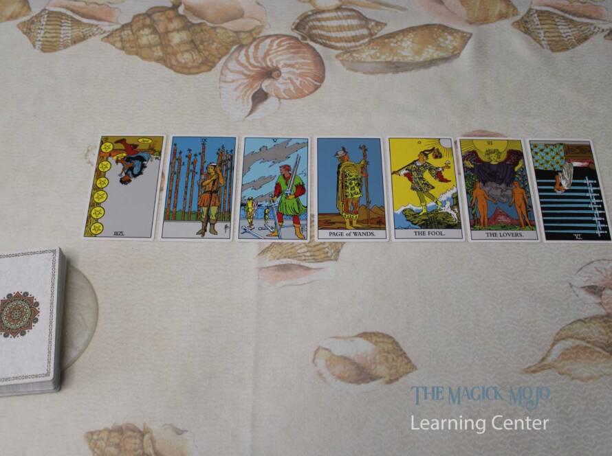 Tarot spread representing the Chakra system, featuring seven cards in a straight line on a shell-patterned background.