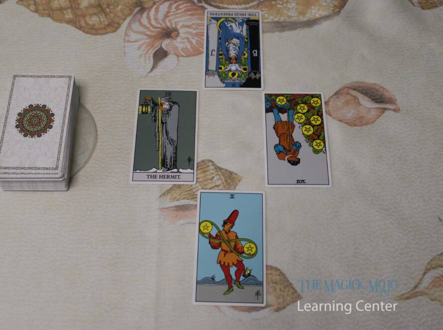 The Four Elements Tarot spread with five tarot cards arranged on a shell-patterned background.