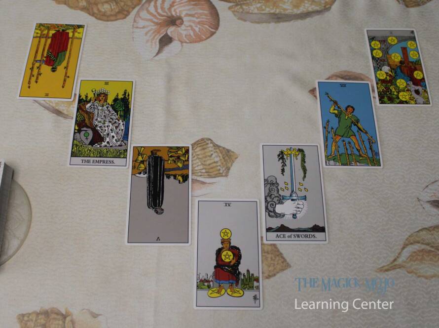 Tarot spread arranged in a horseshoe shape, with seven cards on a shell-patterned background.