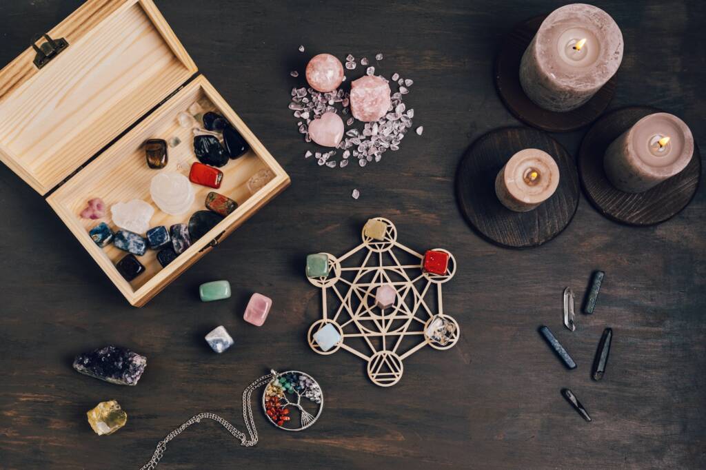 A bewitching display of esoteric gemstones and an enchanting crystal grid.
