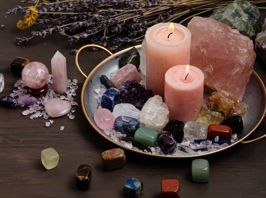 Healing chakra crystals therapy. Alternative rituals, gemstones for wellbeing, meditation, destress