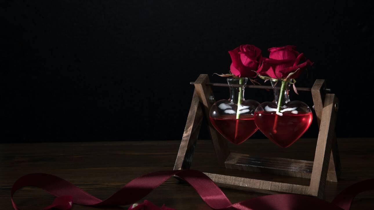 two red roses in heart shaped vases on wooden stand