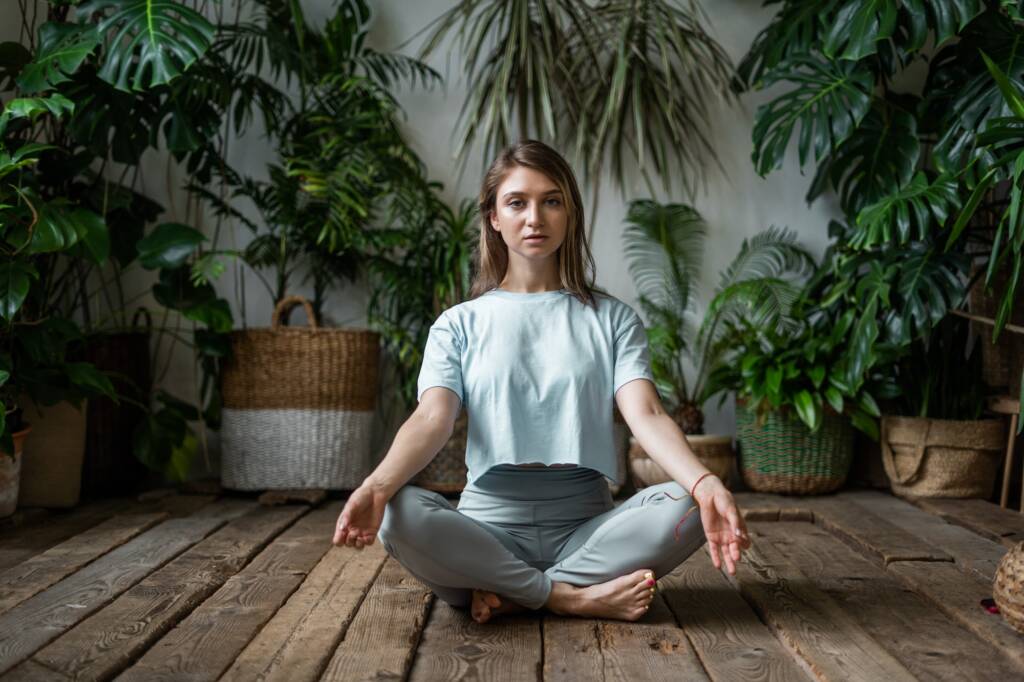 woman doing yoga position, body balance and soul harmony