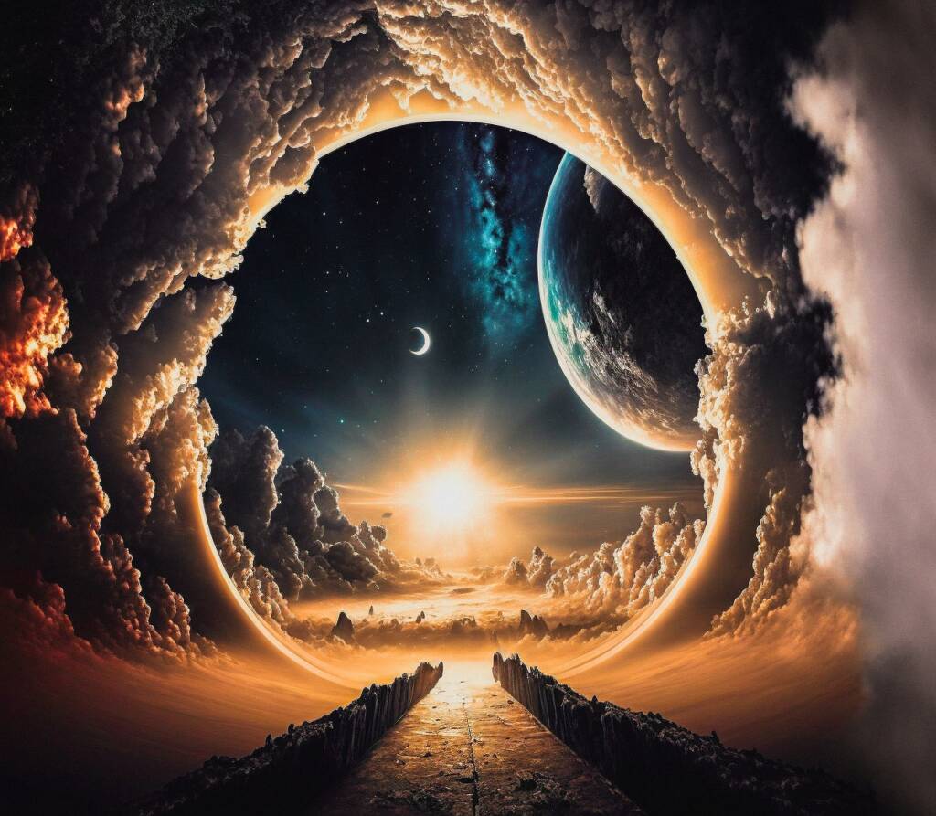 Portal to another dimension with a blue planet in the background