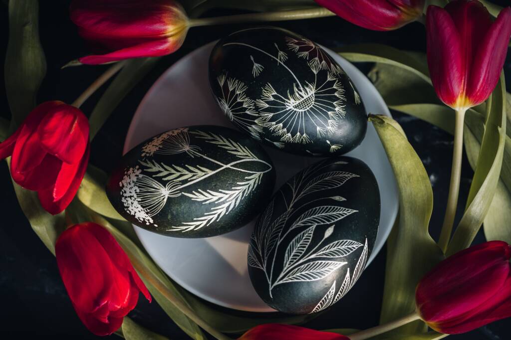 Black Eggs with Flower Designs and Roses