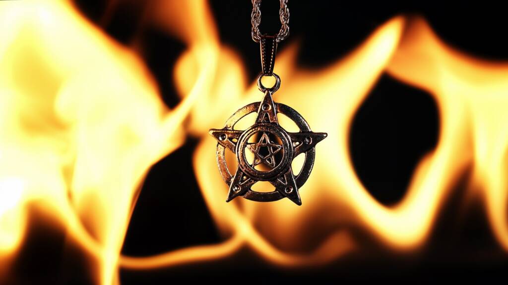 Pentacle symbol in front of vibrant yellow flames