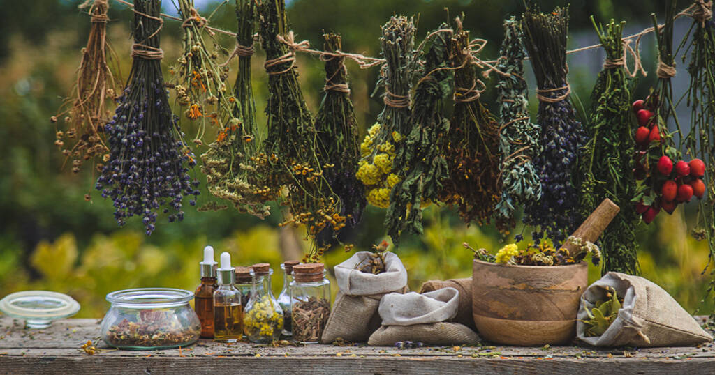 Dried herbs hanging on a line with herbal concoctions and ingredients on a wooden surface.
