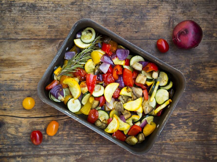 Mediterranean oven vegetables on roasting tray