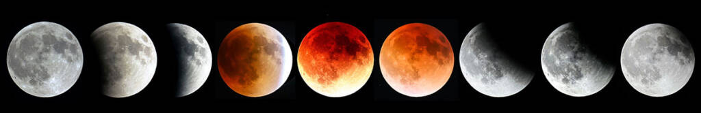 Phases of a lunar eclipse transitioning from full moon to blood moon and back.