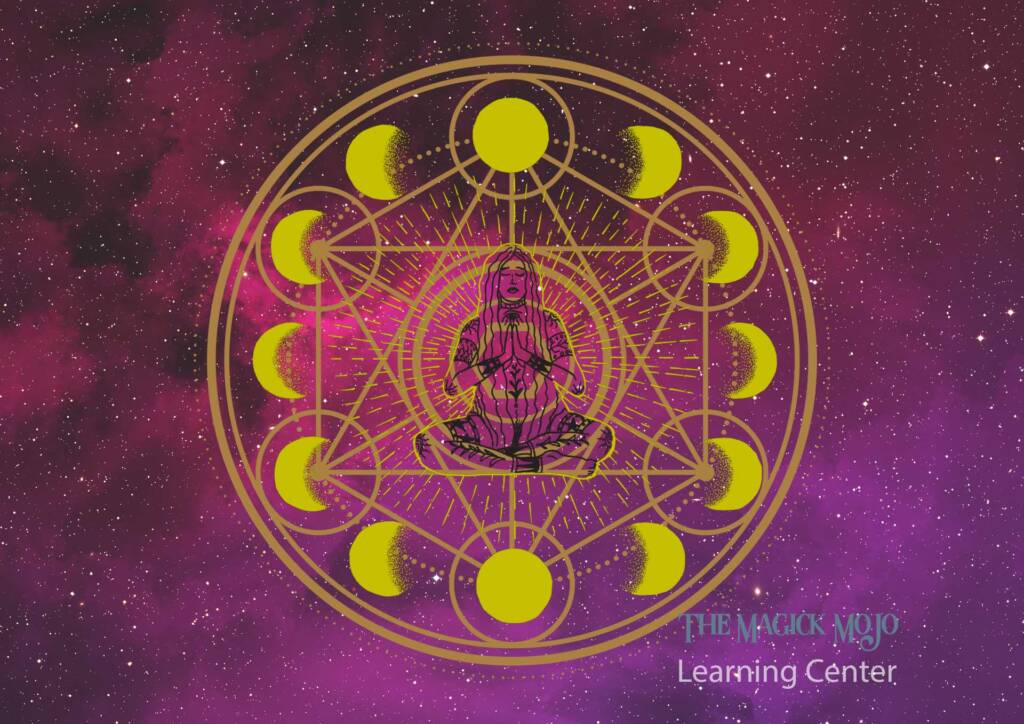 Woman meditating with 12 moons orbiting in a sacred circle