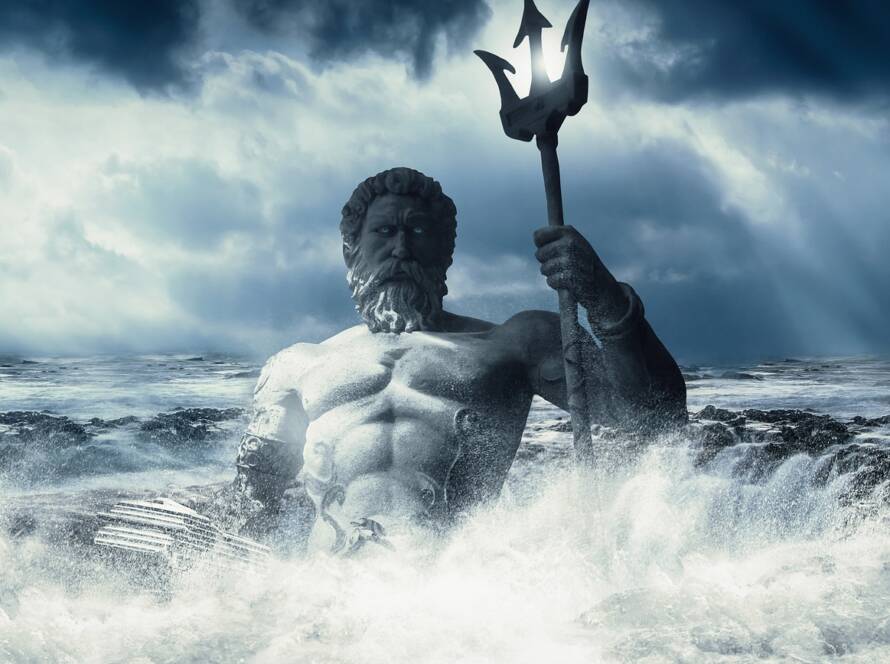 Poseidon, God of the Sea, standing in the ocean with his trident amidst powerful waves.