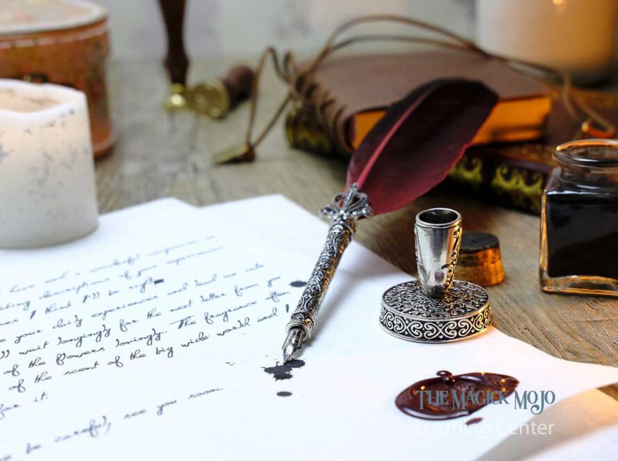 Desk with magical ink and tools