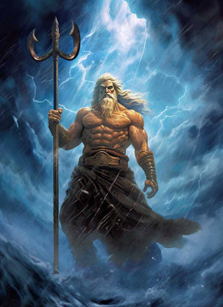 Illustration of Poseidon with Trident with Sea Parting