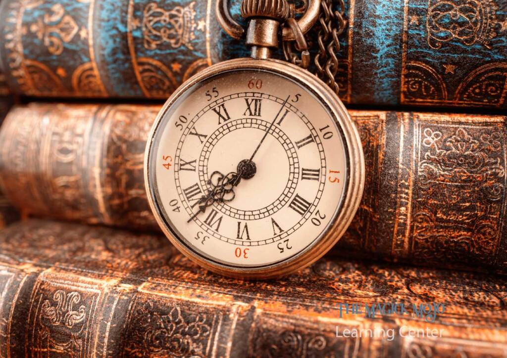 Antique pocket watch atop vintage books symbolizing the discernment of timing