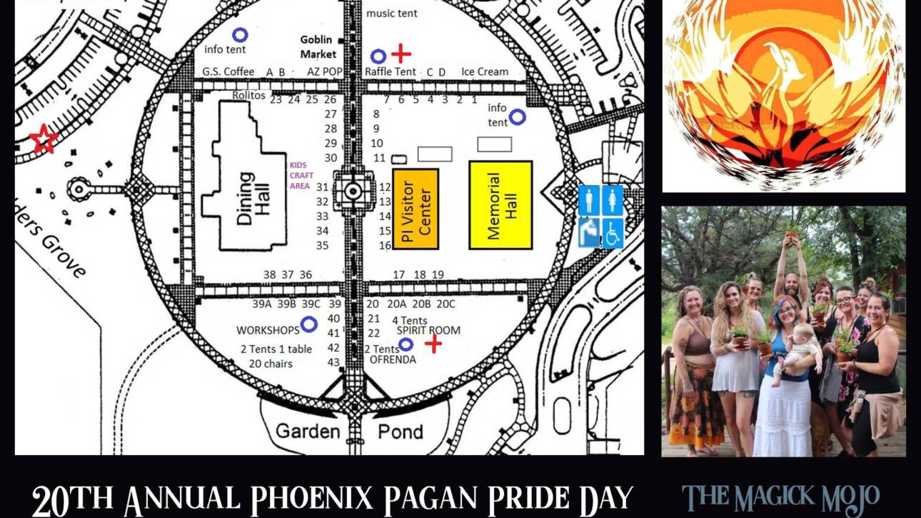 A vibrant map for the 20th Annual Phoenix Pagan Pride Day event, showing the event layout, with the Phoenix Pagan Pride logo in the corner and lively images of Pagans celebrating.