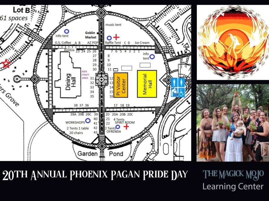 A vibrant map for the 20th Annual Phoenix Pagan Pride Day event, showing the event layout, with the Phoenix Pagan Pride logo in the corner and lively images of Pagans celebrating.