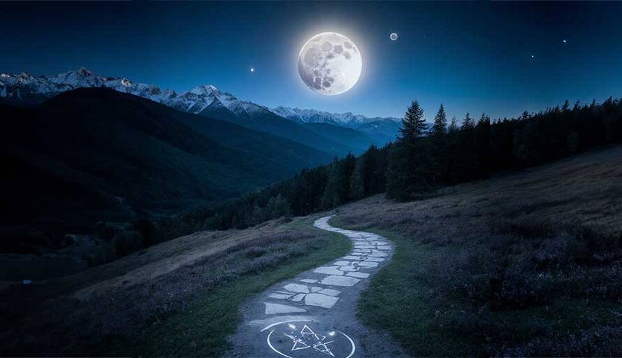 A path leading through a night landscape with a pentacle symbol glowing on the ground and a full moon hanging large in the sky.