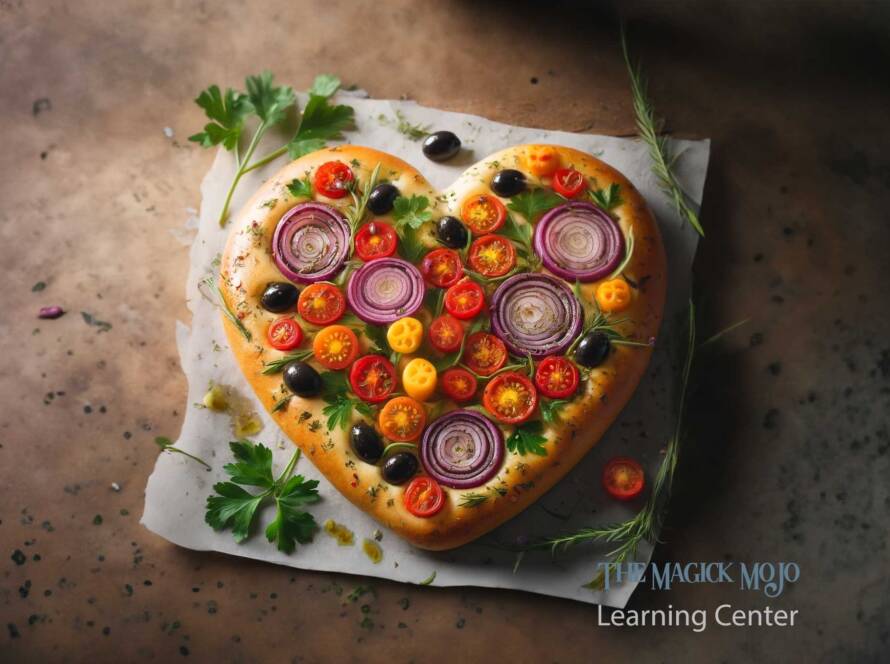 A heart-shaped focaccia bread topped with a colorful array of ingredients.
