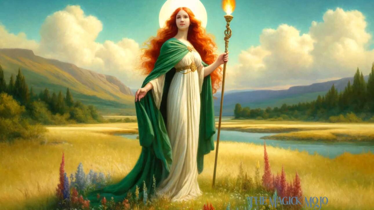 The goddess Brigid standing in a meadow, holding a staff with a flame.