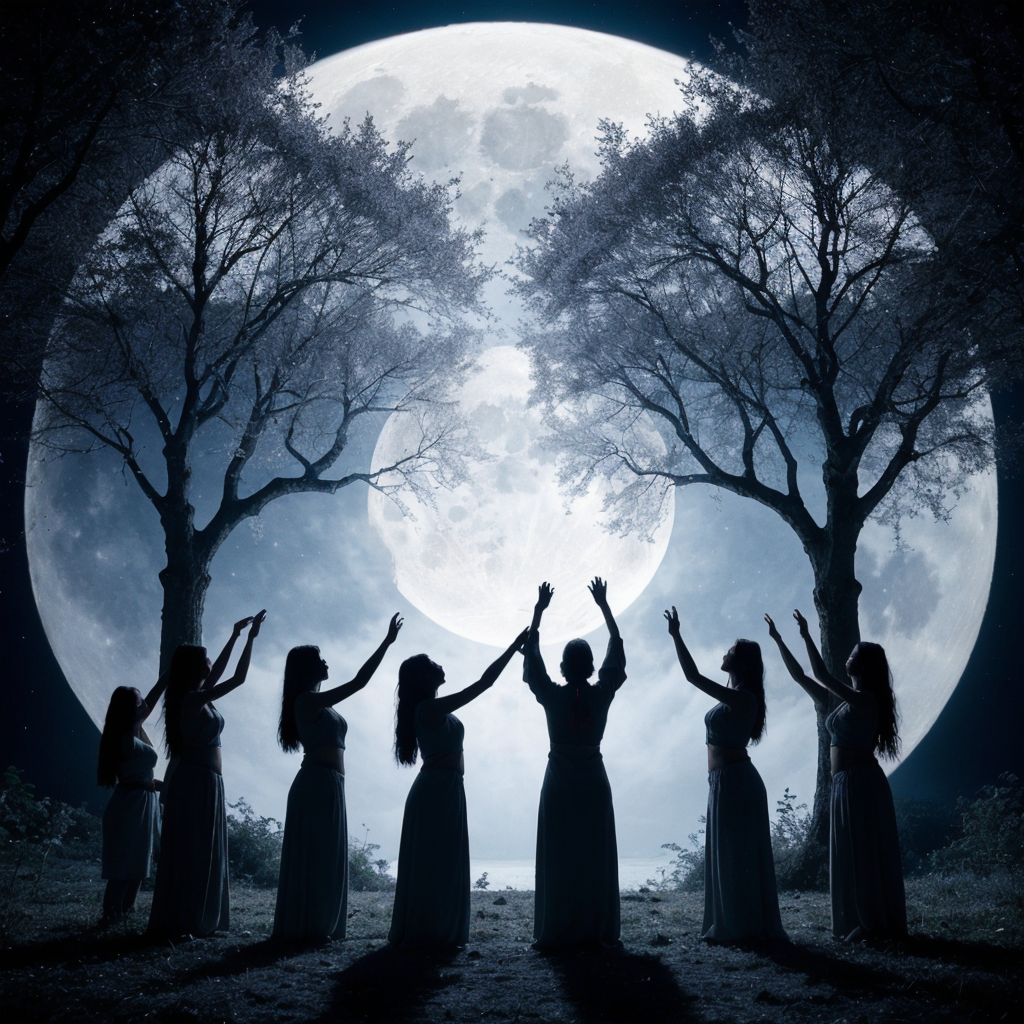 Silhouetted figures of women performing a ritual under a bright full moon with trees framing the scene.