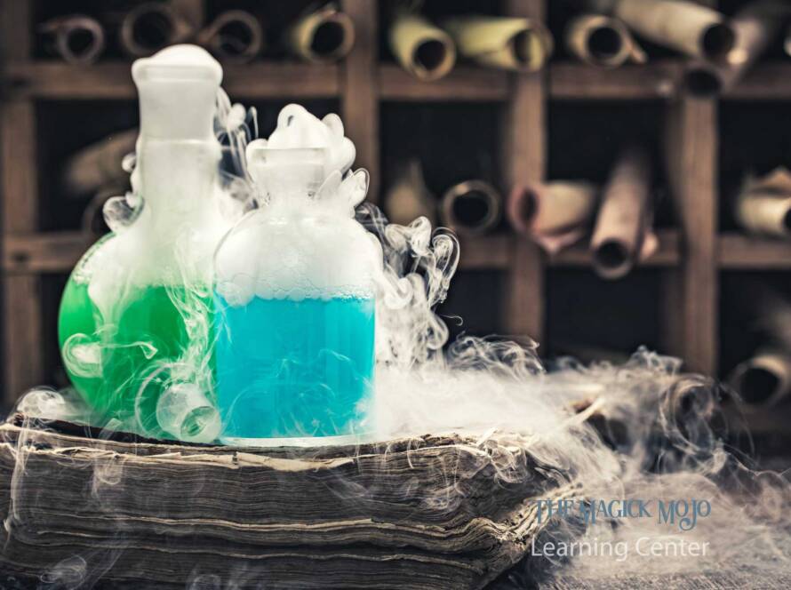 Glass bottles with bubbling potions emitting smoke, set on an ancient book with scrolls in the background.