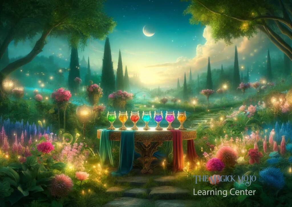 Mystical garden with blooming flowers, glowing lights, and elegant glasses filled with colorful Love Potions under a moonlit sky.