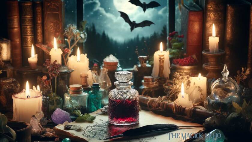 A mystical scene featuring a witch's altar with a bottle of red Bat’s Blood Ink, surrounded by candles, crystals, herbs, and a quill pen, with an ancient grimoire and a bat flying in the twilight seen through a window.