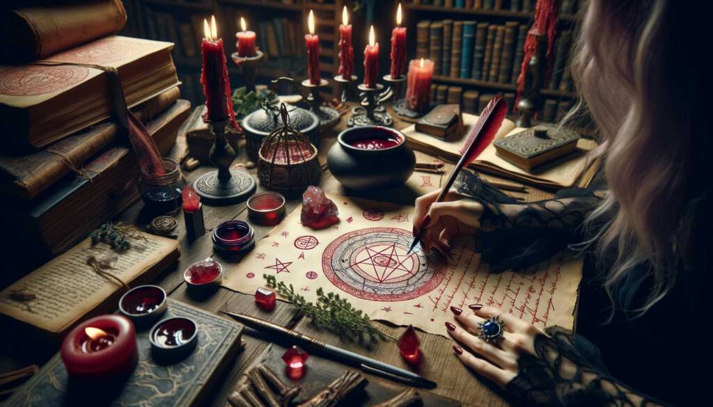 A witch writing spells and drawing sigils with red Bat’s Blood Ink on parchment, surrounded by magical items such as candles, crystals, herbs, and a cauldron. Shelves filled with ancient books and magical artifacts are in the background.