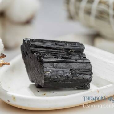 Black tourmaline crystal on a white ceramic plate with cotton and selenite in the background
