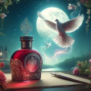 A mystical landscape featuring a beautifully crafted bottle of Dove's Blood Ink, surrounded by glowing magical symbols, with a peaceful dove flying in the moonlit background.