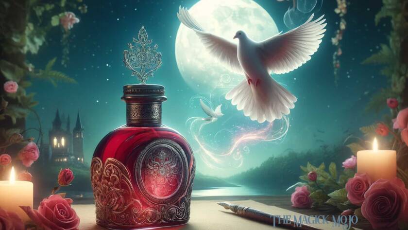 A mystical landscape featuring a beautifully crafted bottle of Dove's Blood Ink, surrounded by glowing magical symbols, with a peaceful dove flying in the moonlit background.