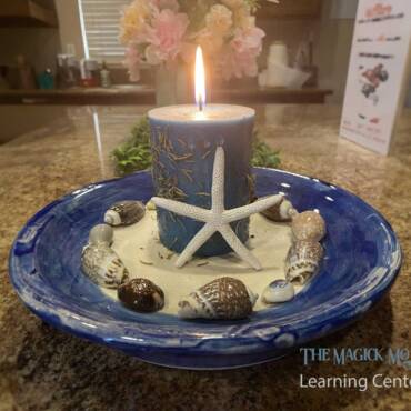 A blue candle with a starfish, surrounded by seashells, burning on a plate.