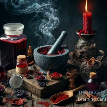 Ingredients and tools for making Dragon's Blood Ink arranged on a dark wooden table, including red candles, a mortar and pestle with ground resin, and various bottles of oils.
