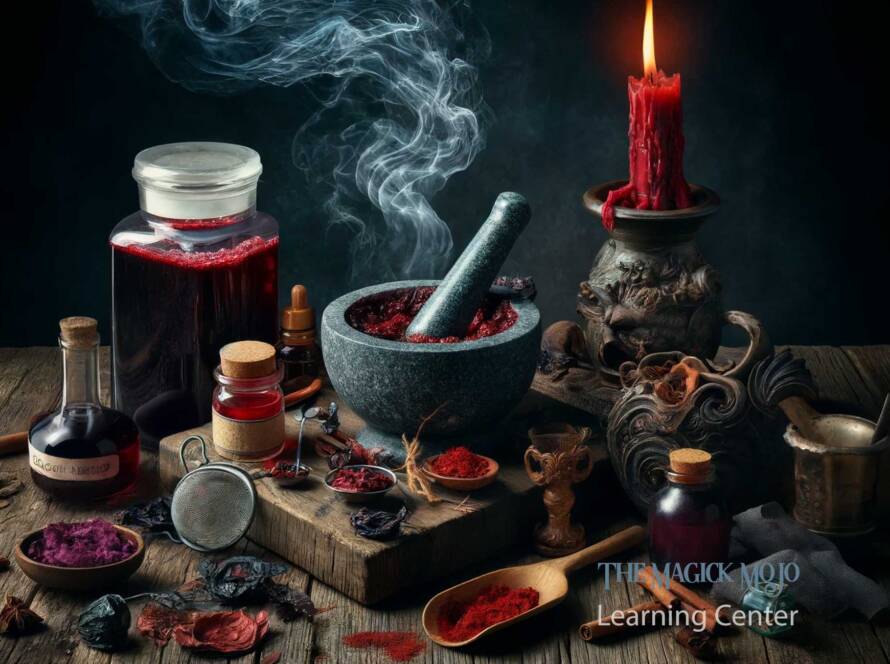 Ingredients and tools for making Dragon's Blood Ink arranged on a dark wooden table, including red candles, a mortar and pestle with ground resin, and various bottles of oils.