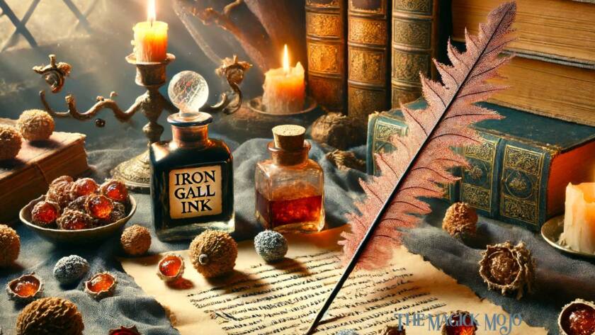 A magical, historical scene featuring an ancient scribe's desk with a parchment scroll, an ink bottle labeled 'Iron Gall Ink,' a quill pen, and scattered oak galls and iron sulfate crystals. The background includes ancient books and candlelight illuminating the desk, creating a mystical and enchanting atmosphere.